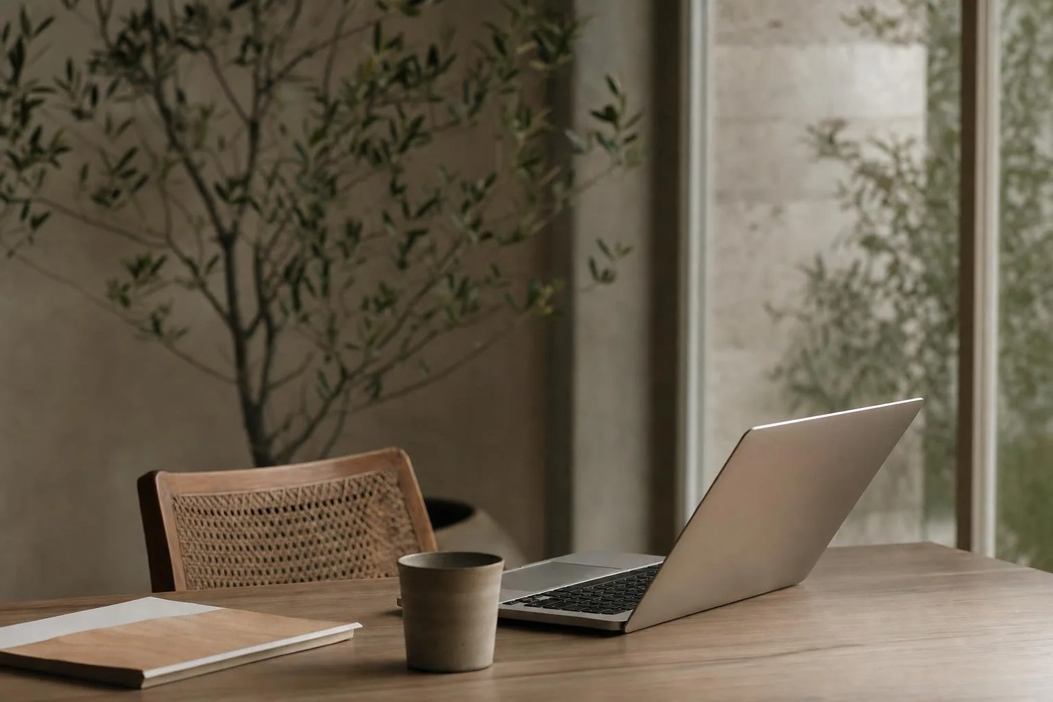 Designer’s desk with sketches, a laptop, and soft window light
