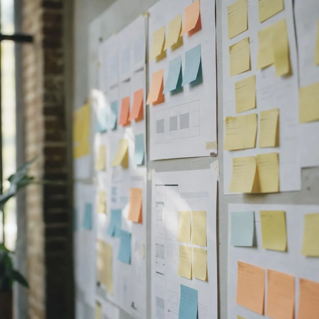 Sticky notes and journey maps on a studio wall